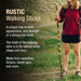 Person holding a rustic walking stick in a natural setting with text about rustic walking sticks.