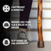 Wooden walking stick with text highlighting features on a blurred background