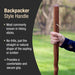 Wooden hiking stick held by a hand with text about backpacker style handles.