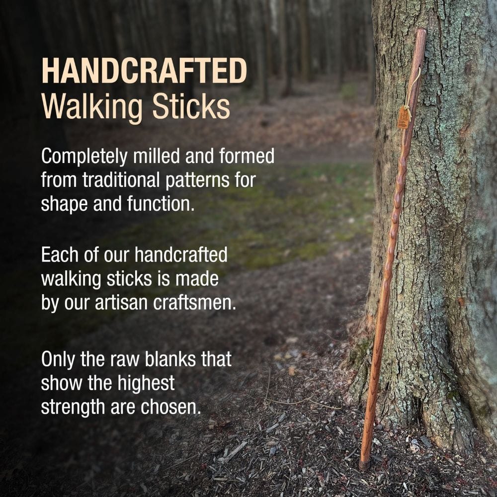 Handcrafted walking stick leaning against a tree with promotional text about traditional patterns and artisan craftsmanship.