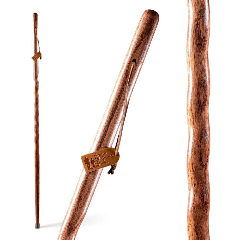 Three wooden walking sticks with a brand tag on a white background