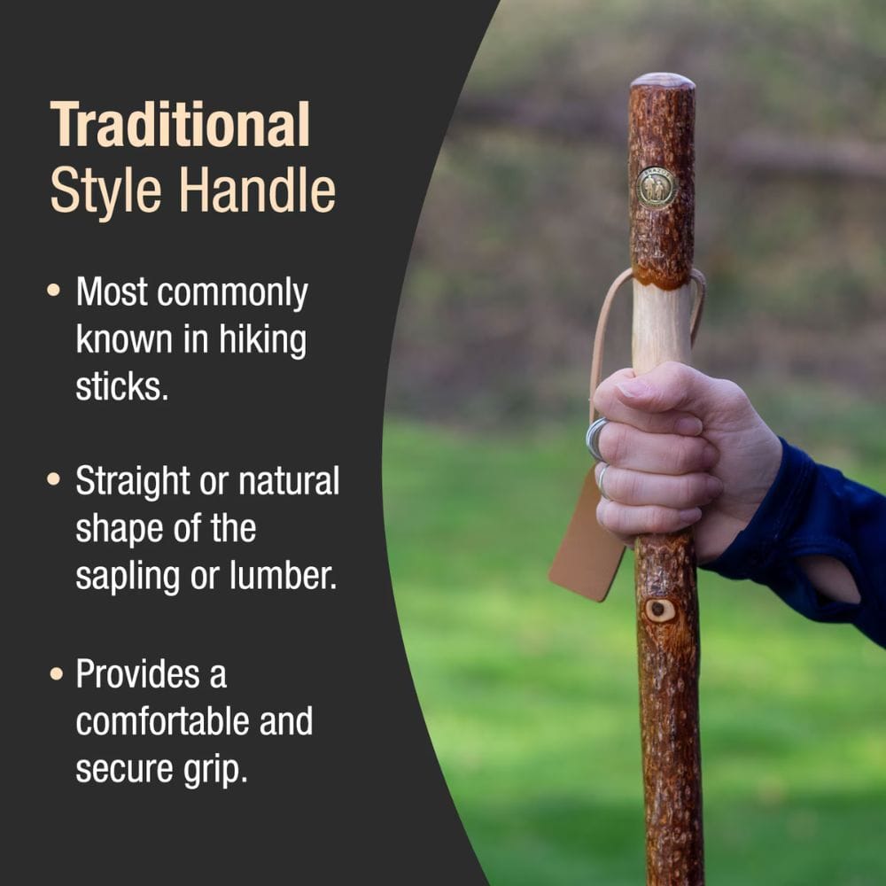 Hand holding a hiking stick with text about traditional style handles