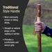 Hand holding a hiking stick with text about traditional style handles
