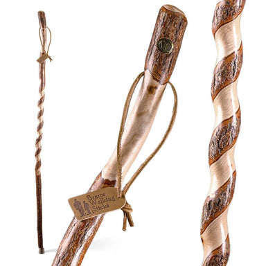Twisted wooden walking stick with a brand tag on a white background