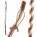 Twisted wooden walking stick with a brand tag on a white background