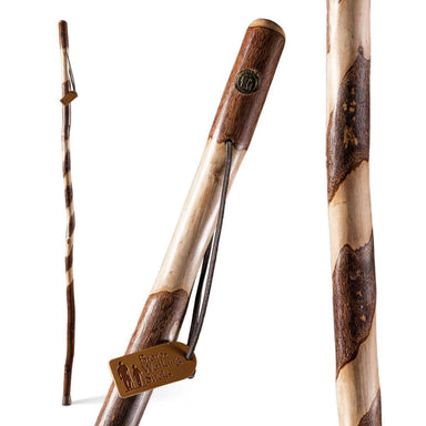 Two wooden walking sticks with a brand logo on a white background