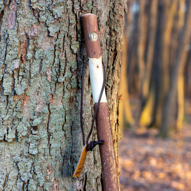 Knife with wooden handle attached to a tree trunk in a forest setting