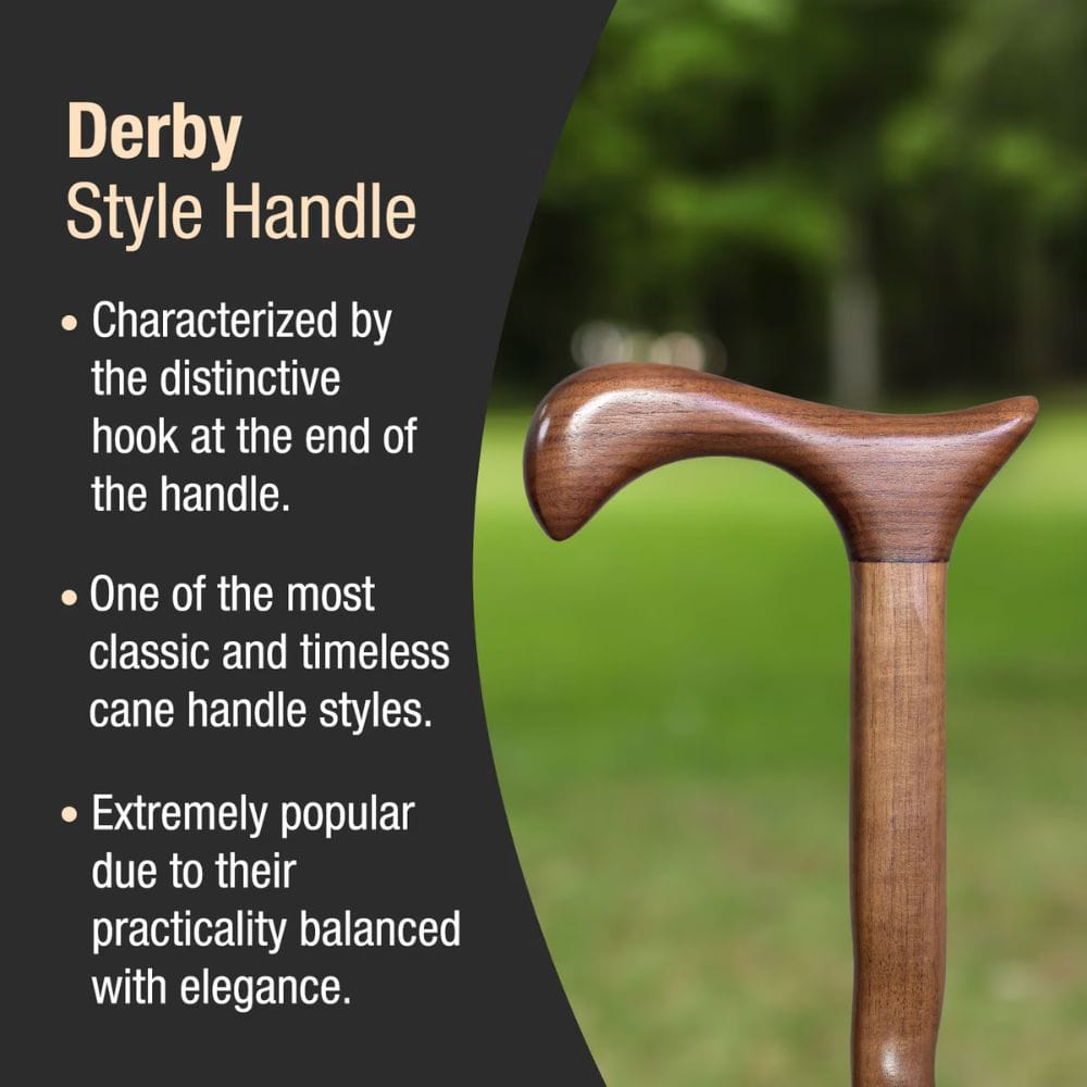 Wooden cane handle with text describing Derby style handle characteristics