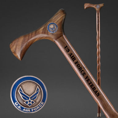 Wooden walking cane with U.S. Air Force Veteran engraving and logo on a dark background