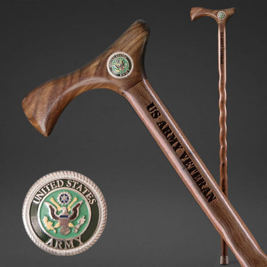 Wooden walking cane with U.S. Army emblem and 'US Army Veteran' engraving on a dark background