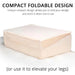 A compact foldable wedge mattress shown on a white background with text explaining its compact design and leg-elevation use.