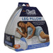 Contour Health Legacy Leg Pillow with washable white cover, shown beside its package featuring a side sleeper using the pillow between her knees.
