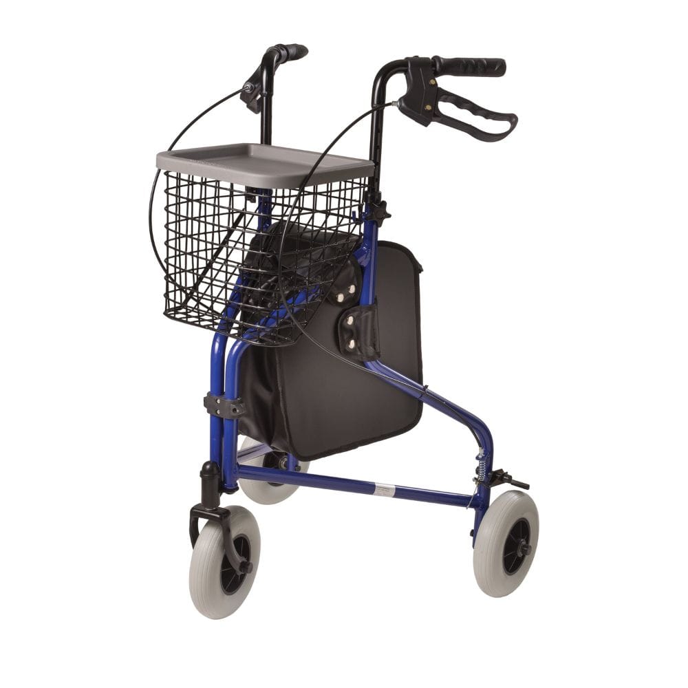 Blue and black walker with basket and seat on a white background