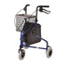 Blue and black walker with basket and seat on a white background