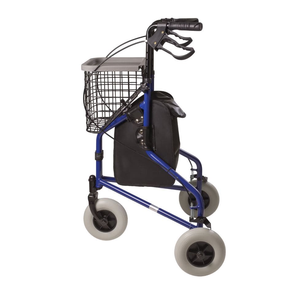 Blue walker with basket and seat on a white background
