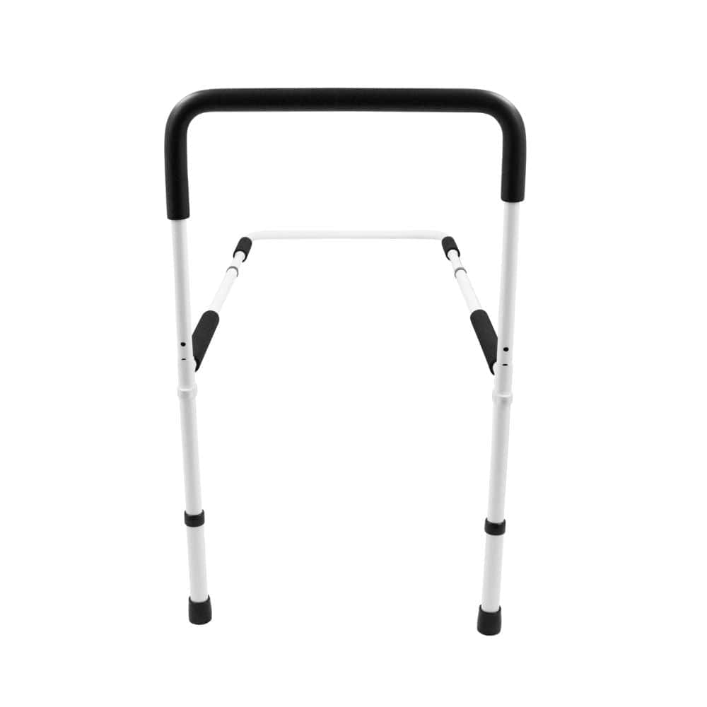 White walking frame with black handles on a white background