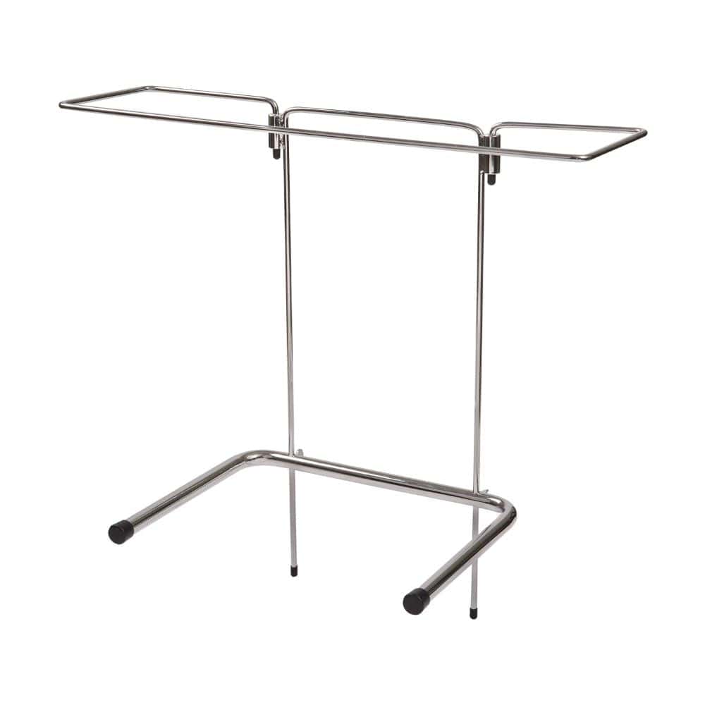 Metal display stand with two horizontal shelves on a white background