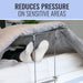 Person lying on a bed with a clear plastic cover over them, text 'Reduces pressure on sensitive areas' above.