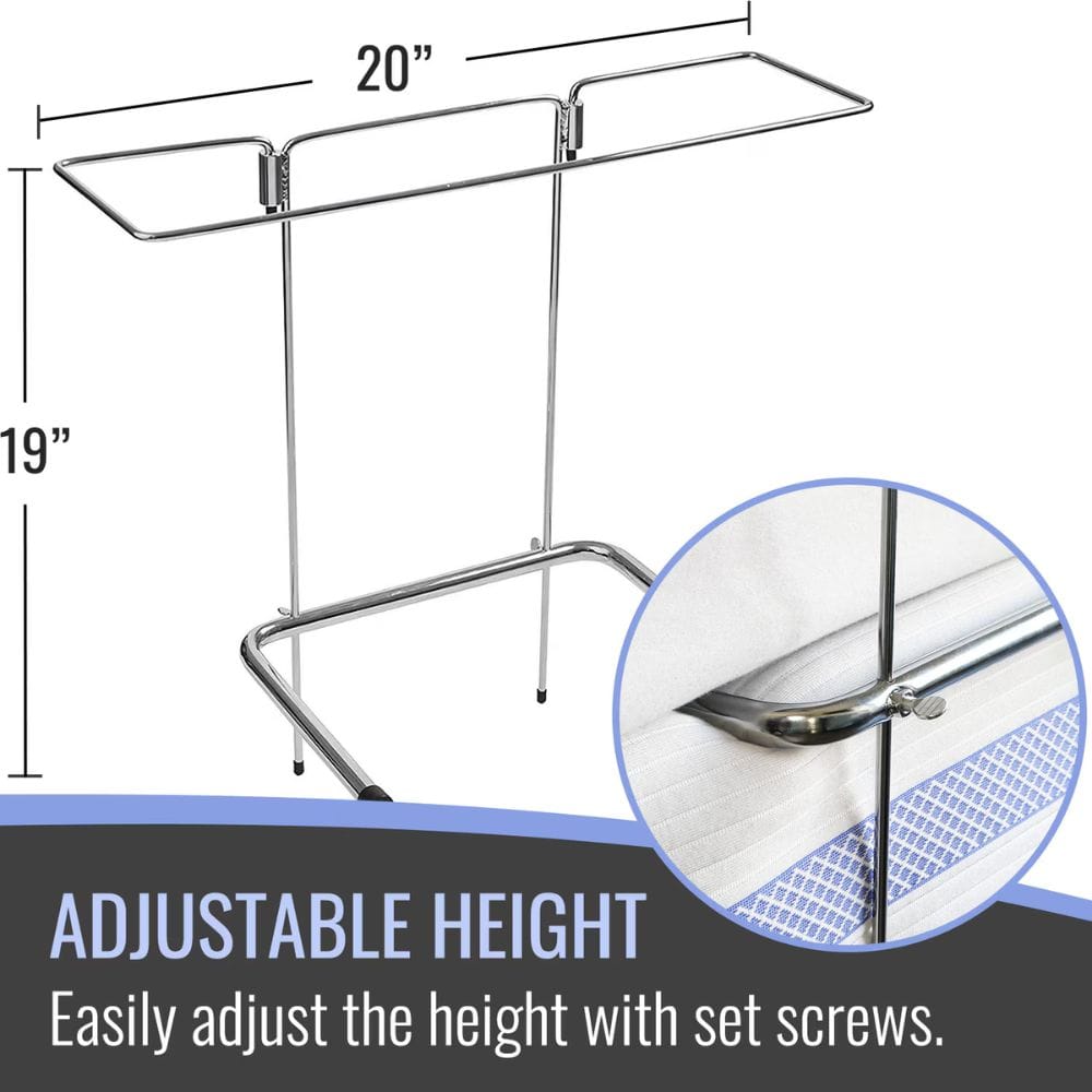 Metal stand with adjustable height feature, showing dimensions and a close-up of set screws.
