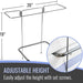 Metal stand with adjustable height feature, showing dimensions and a close-up of set screws.