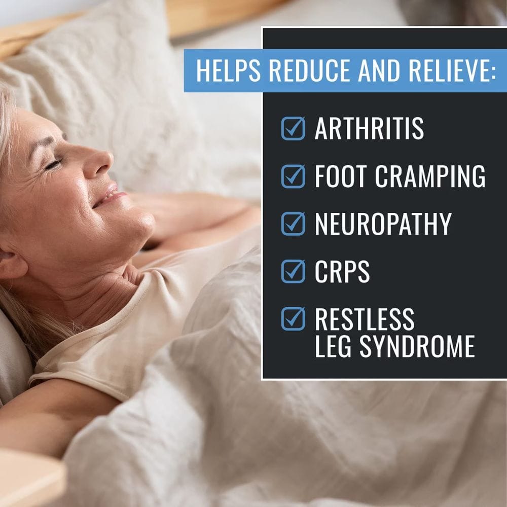 Woman lying down with a list of conditions helped by a product or treatment.