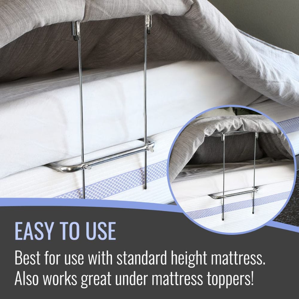 Mattress support system with text indicating ease of use and compatibility with standard height mattresses.