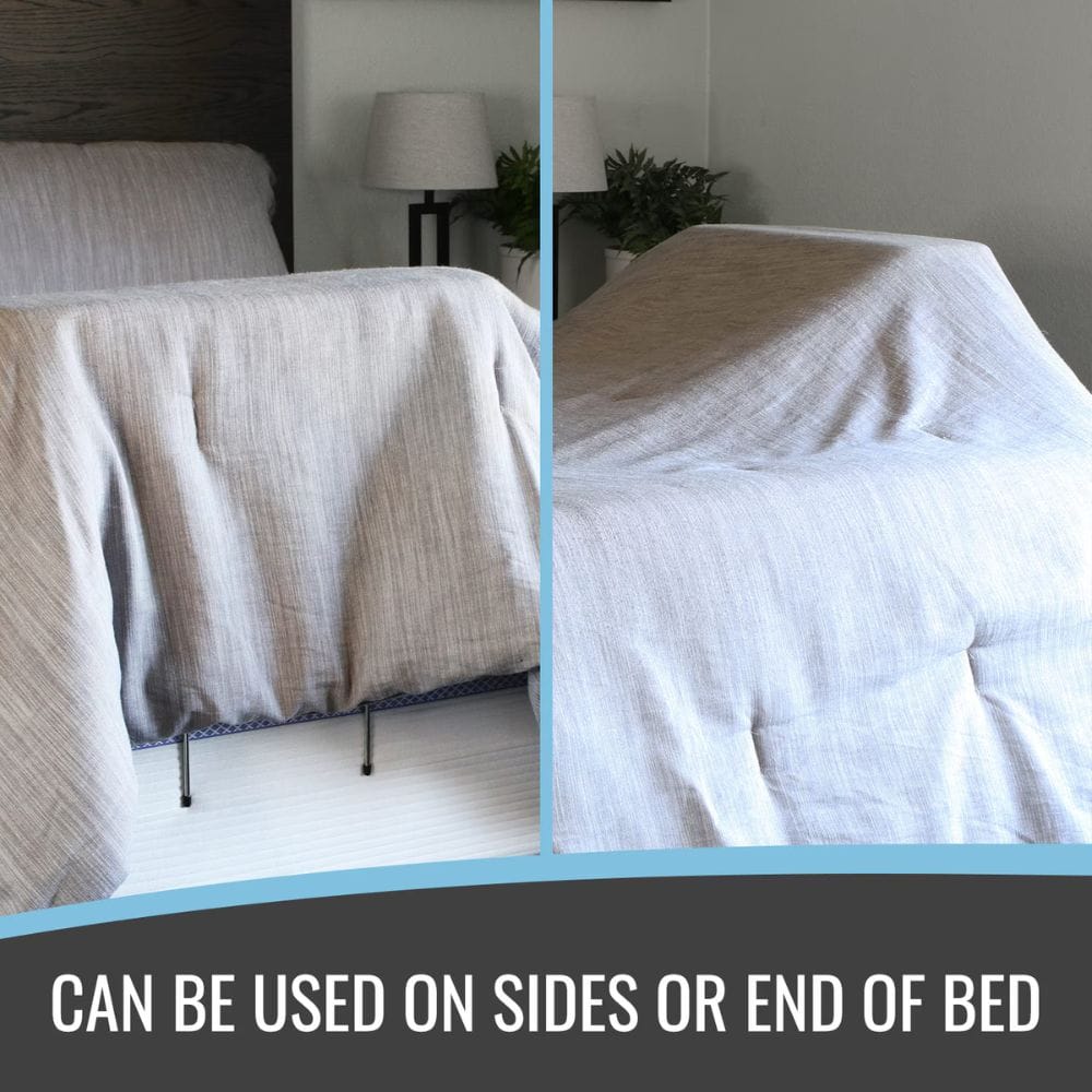 Two images of a bed with a blanket draped over it, showing different angles.