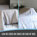 Two images of a bed with a blanket draped over it, showing different angles.