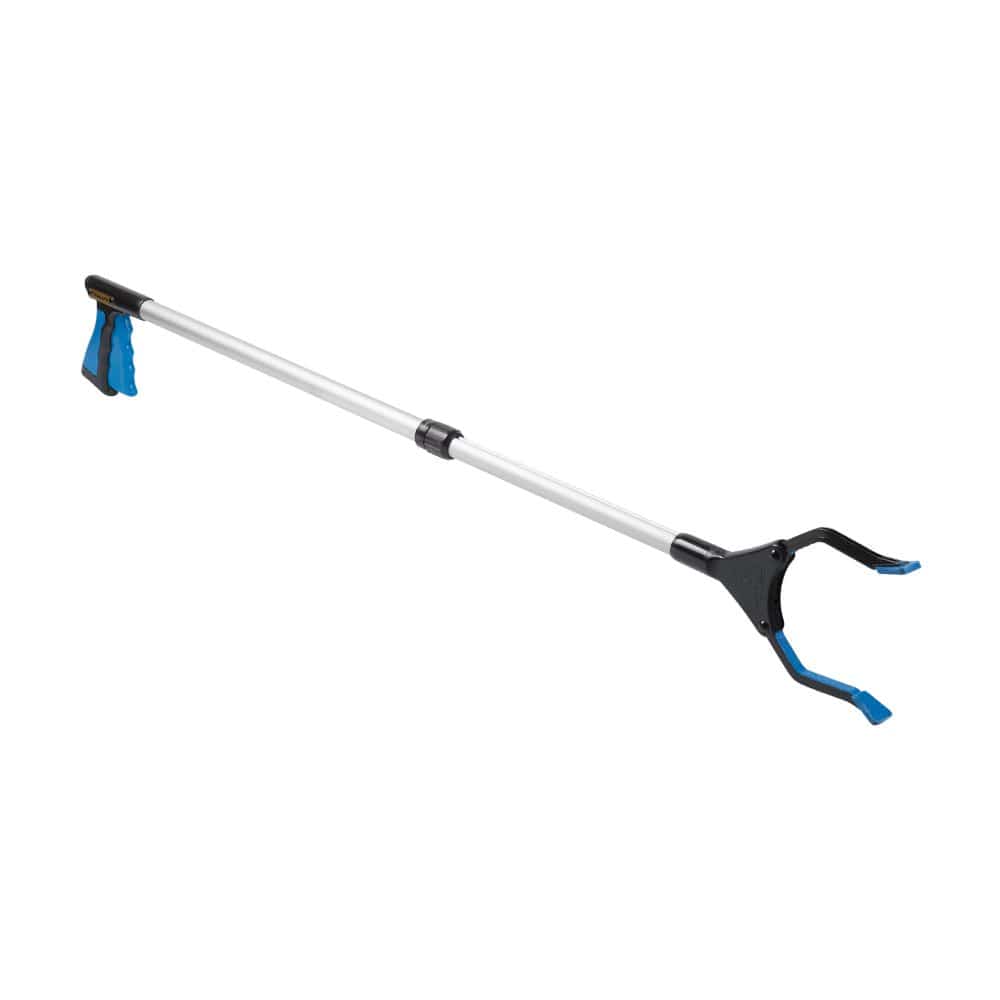 Telescopic pole with blue and black handles on a white background