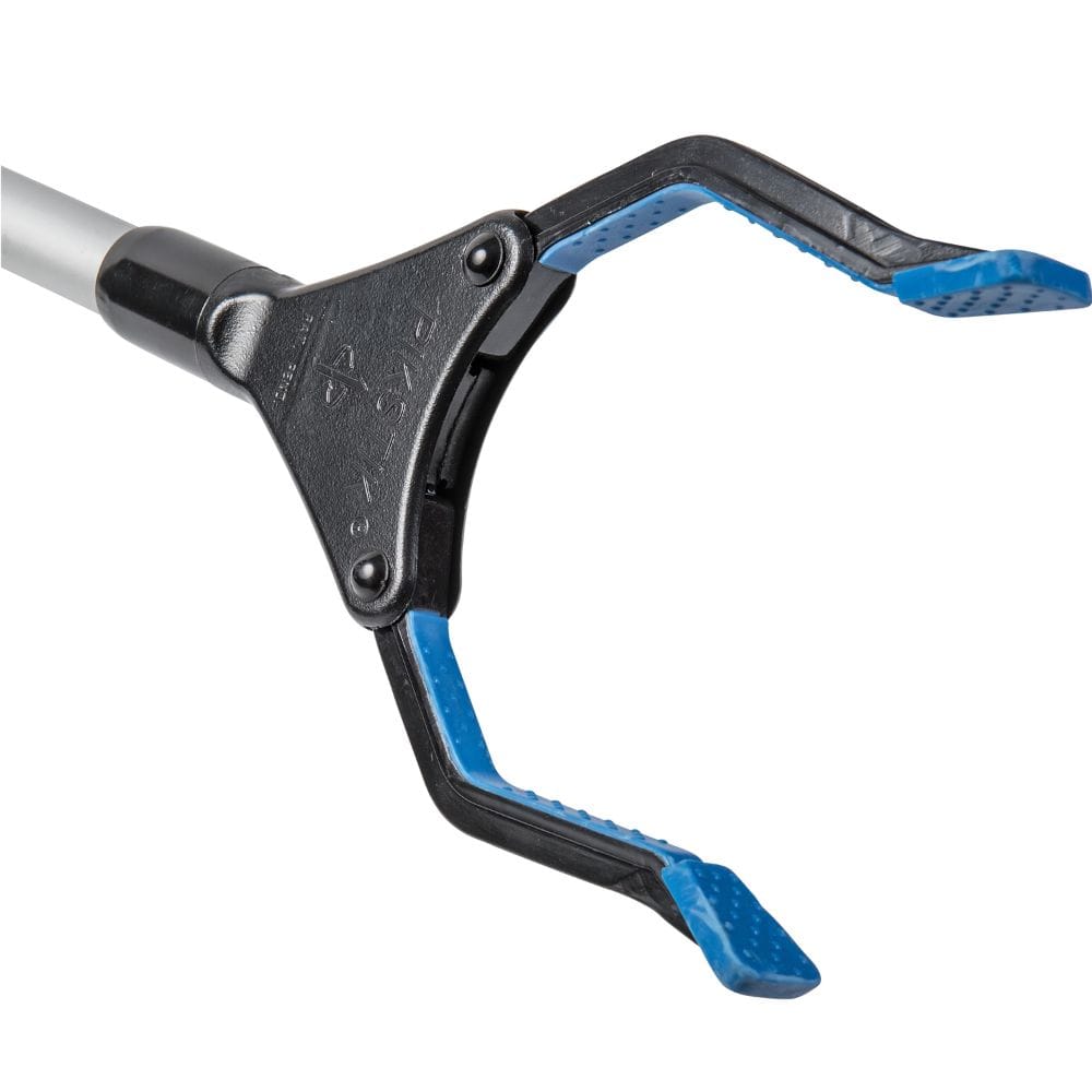 Close-up of a tool with blue and black design on a white background