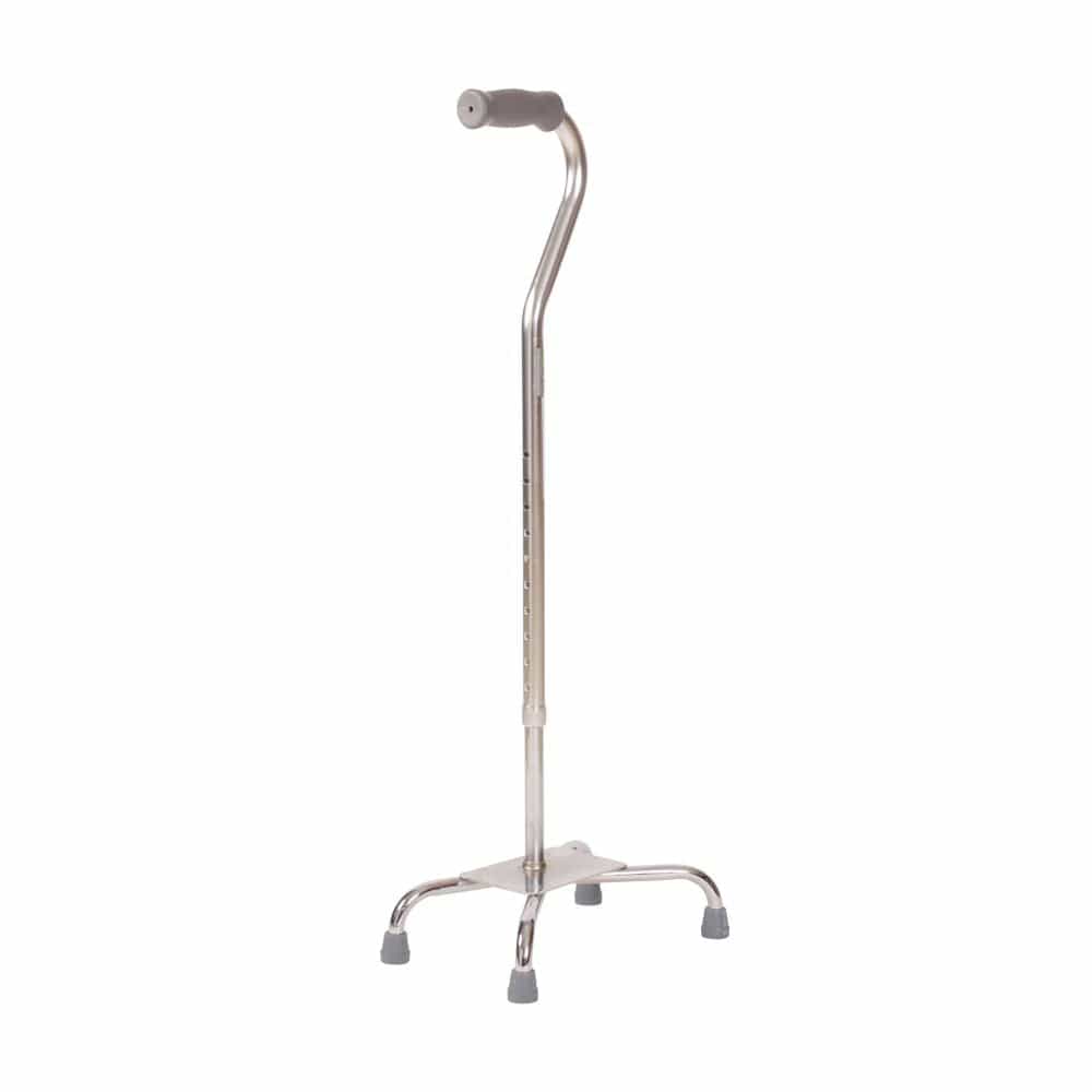 Metal walking cane with four-legged base on a white background