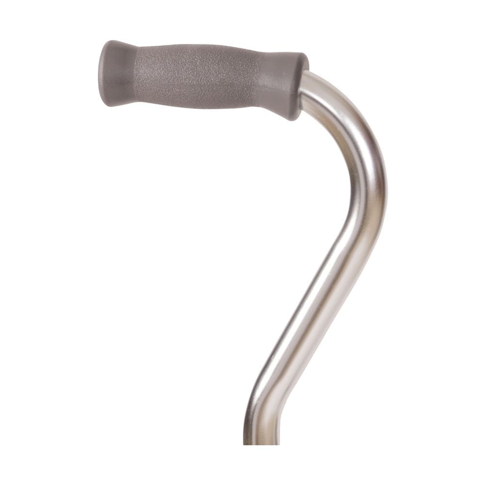Handheld tool with a gray handle and metallic curved blade on a white background