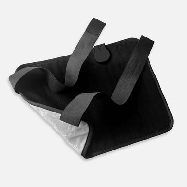 Black fabric bag with straps on a light gray background