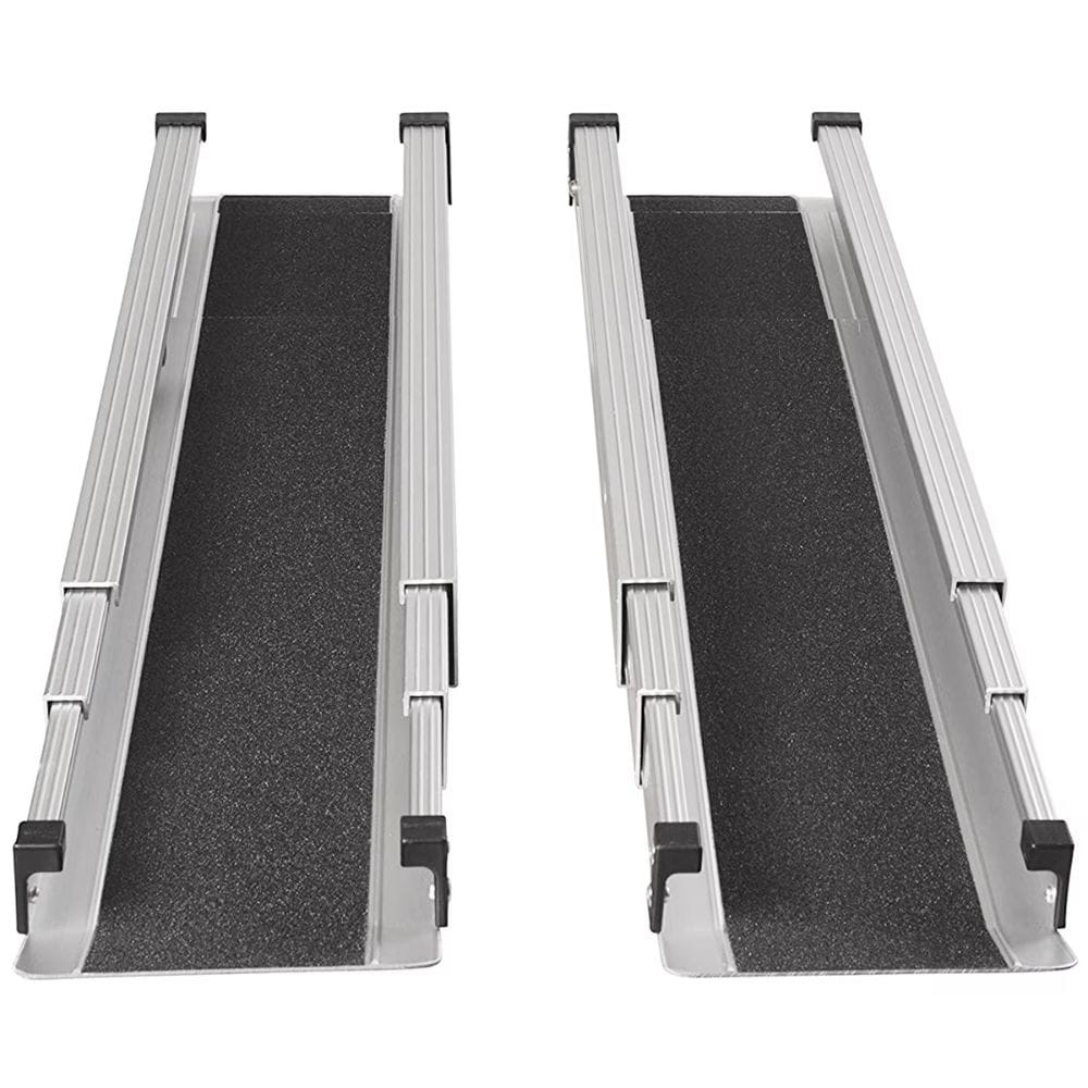 Two black ramps with silver metal sides on a white background