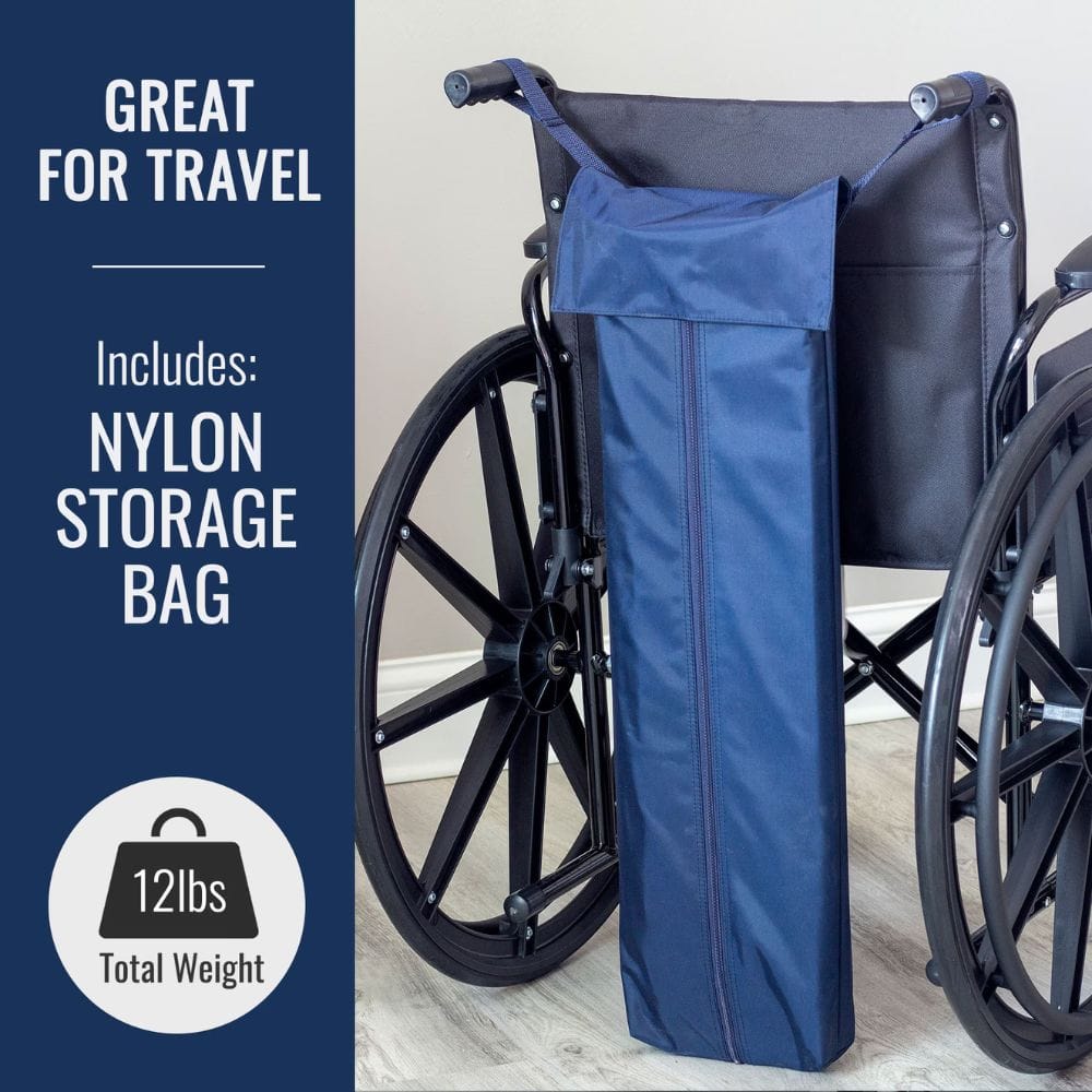 Blue storage bag attached to a wheelchair with text indicating it's great for travel and includes a nylon storage bag.