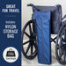Blue storage bag attached to a wheelchair with text indicating it's great for travel and includes a nylon storage bag.