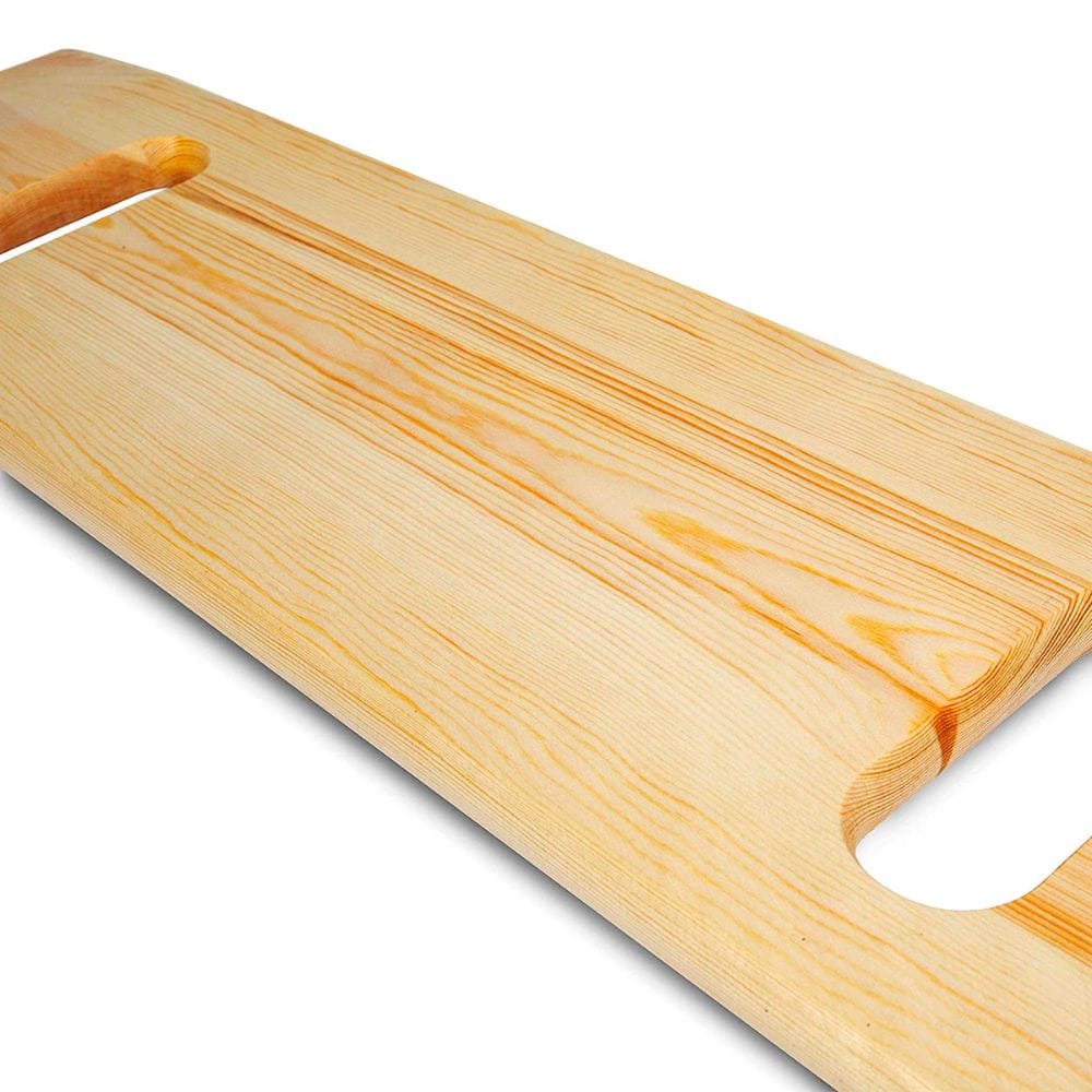 Wooden cutting board with handle on a white background