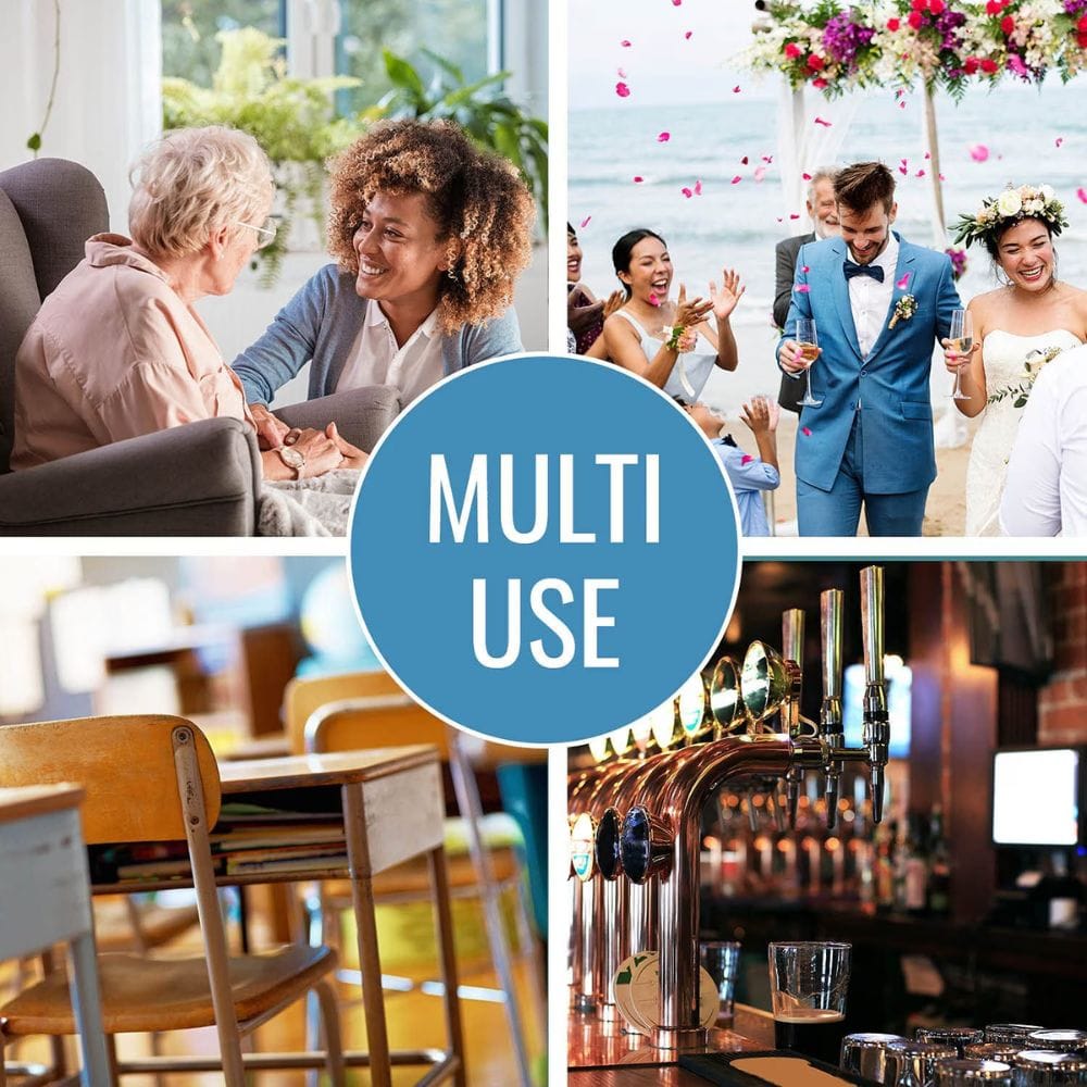 Collage of various scenes including people, a wedding, and a bar with 'Multi Use' text overlay.