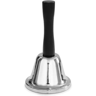 Metal handbell with black handle on a white background