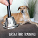 Dog sitting on a couch with a hand holding a bell above it, text 'GREAT FOR TRAINING' displayed.