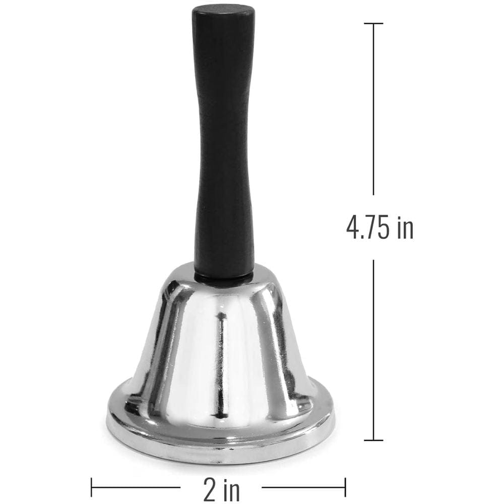Metal handbell with black handle and dimensions on a white background