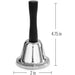 Metal handbell with black handle and dimensions on a white background