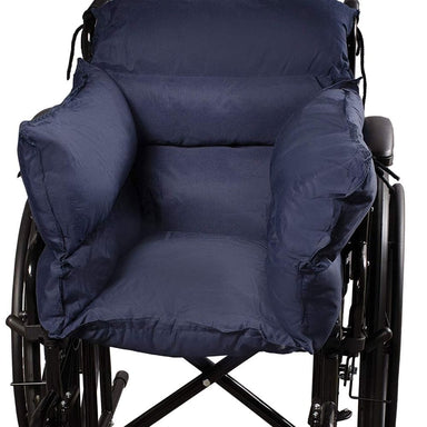 Navy blue wheelchair cushion on a black wheelchair
