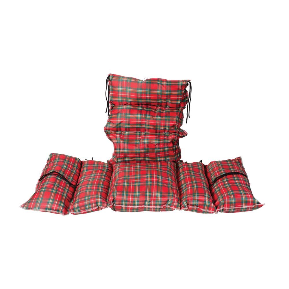 Red and green plaid sleeping bags on a white background