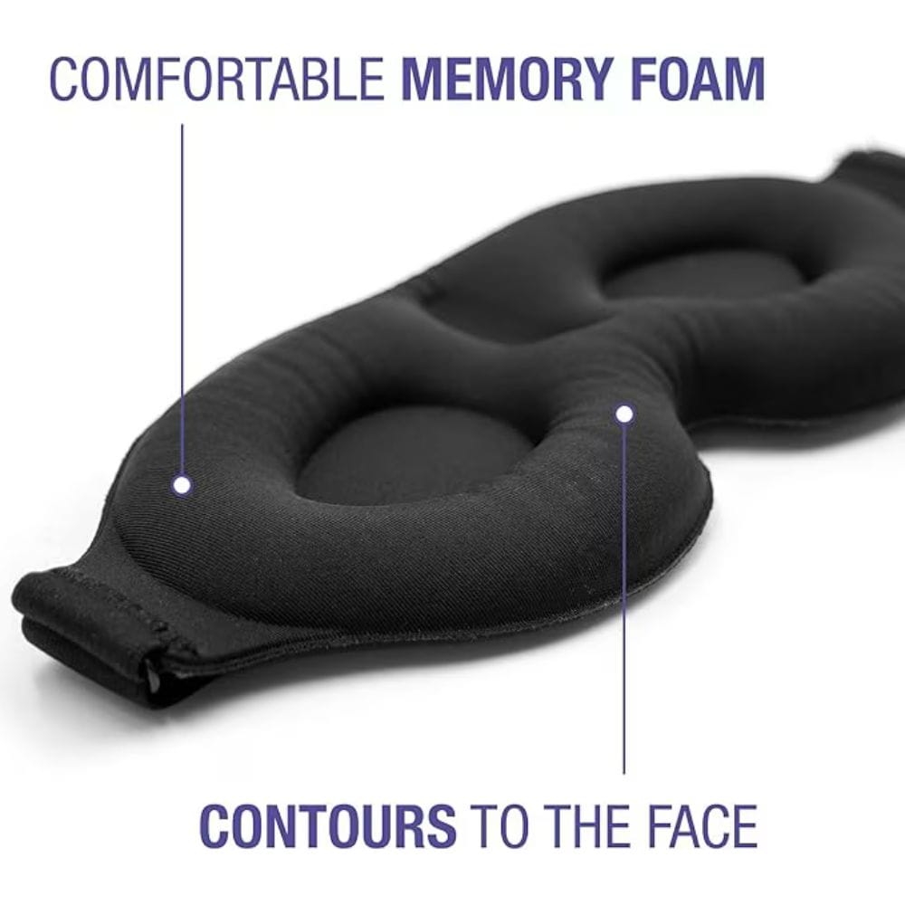 Black memory foam eye pillow with text highlighting comfort and contour features on a white background