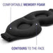 Black memory foam eye pillow with text highlighting comfort and contour features on a white background