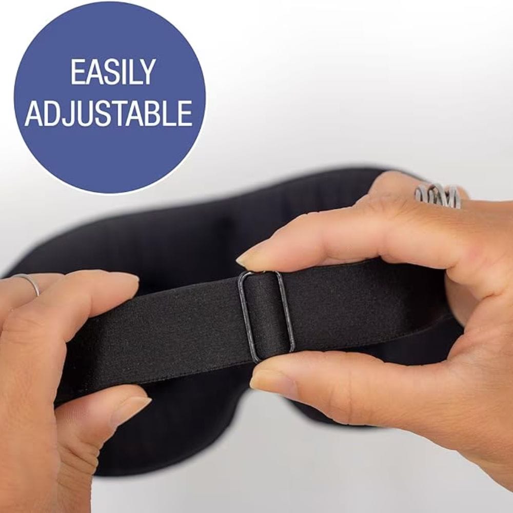 Person adjusting a black strap with a buckle on a white background, labeled 'Easily Adjustable'.