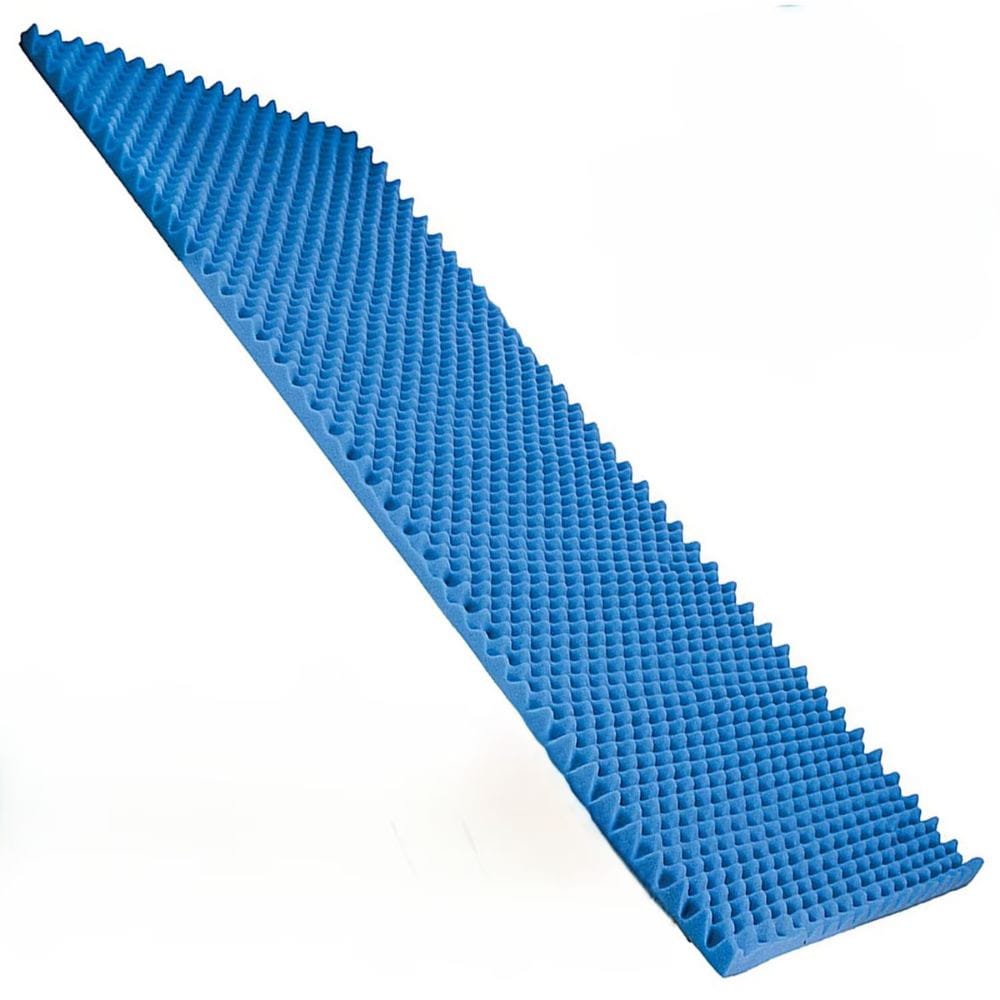 A blue textured foam strip with a uniform pyramid pattern, shown diagonally on a plain white background.