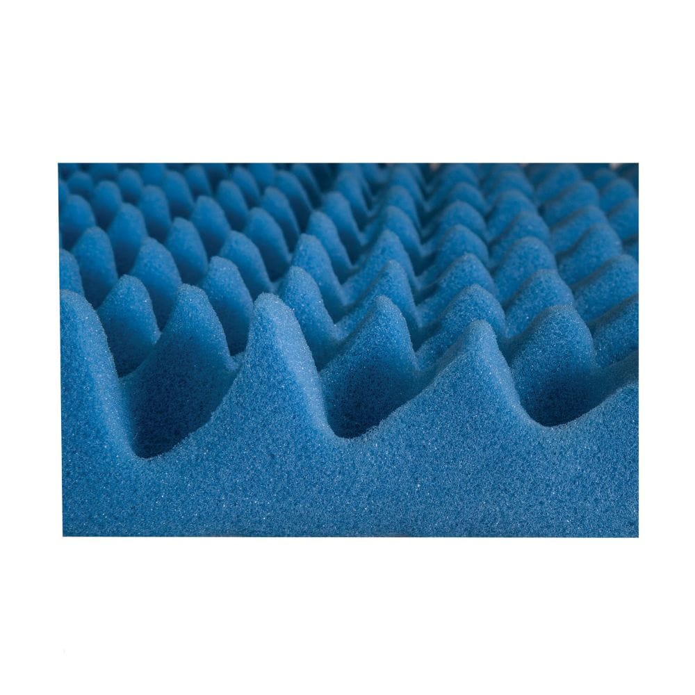 Blue acoustic foam panel with a textured wavy surface, shown in a close-up view against a white background.