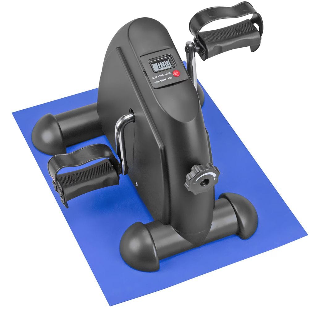 Black exercise bike on a blue mat with digital display